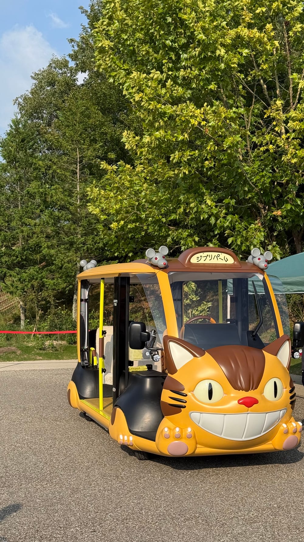 A cart shaped like a cat, parked on a road, with a name plate on its roof